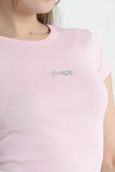 Pembe Likralı Ribana Kadın Tişört 443078