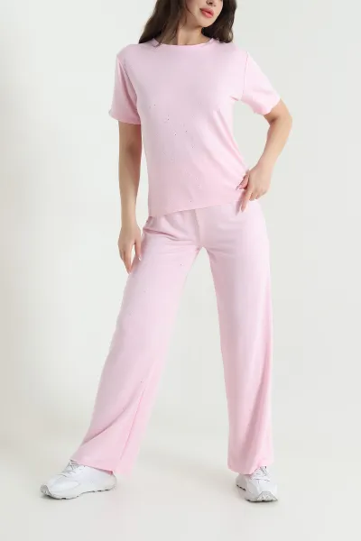 Pembe Lİkralı Simli Kristal Kadın Eşofman Takımı 456691