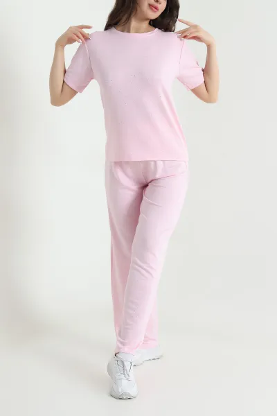 Pembe Lİkralı Simli Kristal Kadın Eşofman Takımı 456691