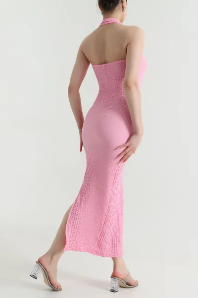 Pembe Likralı Yırtmaçlı Gofre Kadın Elbise 470304