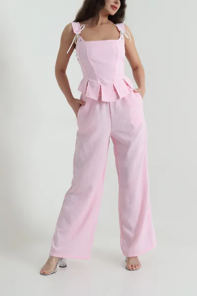 Pembe Liyosel Keten Bluz Pantolon Kadın İkili Takım 458895