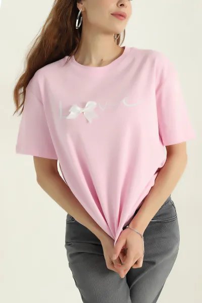 Pembe Love Baskılı Fiyonklu  Süprem Kadın Tişört 366883