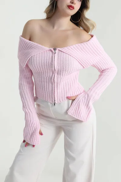 Pembe Mendil Yaka Kadın Triko Hırka 483712