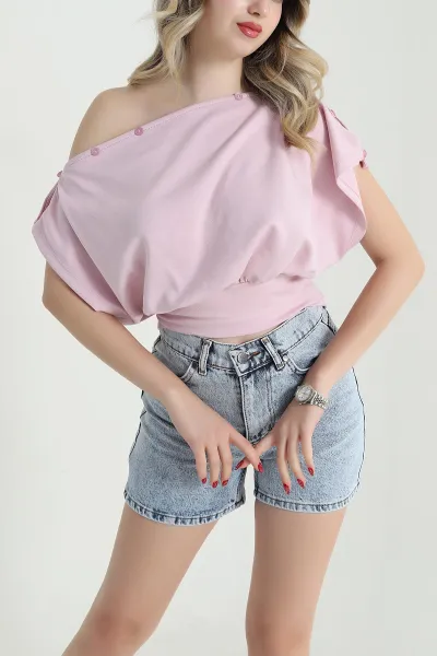 Pembe Modal Düğmeli Kayık Yaka Kadın Bluz 471983
