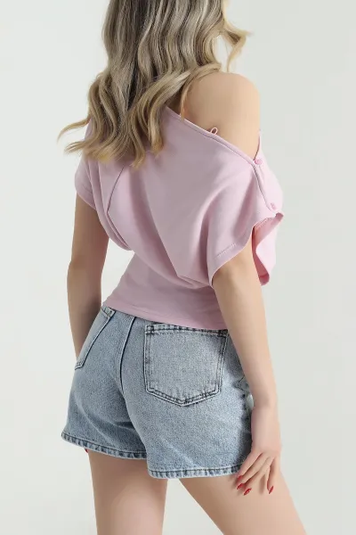 Pembe Modal Düğmeli Kayık Yaka Kadın Bluz 471983