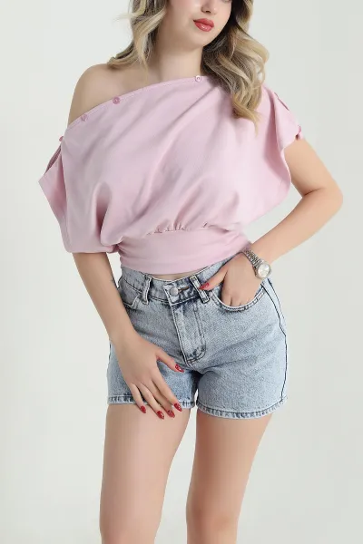 Pembe Modal Düğmeli Kayık Yaka Kadın Bluz 471983