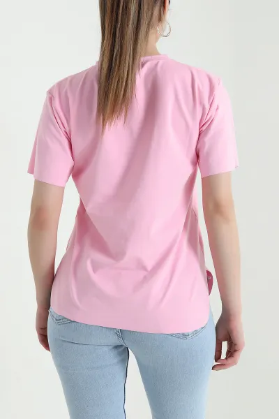 Pembe Modal Yırtmaçlı Likralı Kadın Tişört 444412