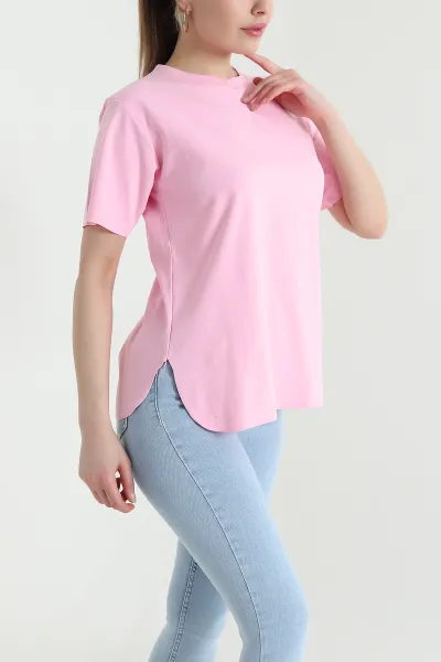 Pembe Modal Yırtmaçlı Likralı Kadın Tişört 444412