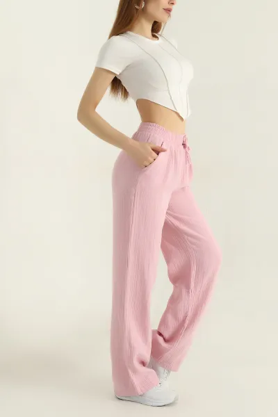 Pembe Müslin Keten Beli Lastikli Palazzo Kadın Pantolon 359563
