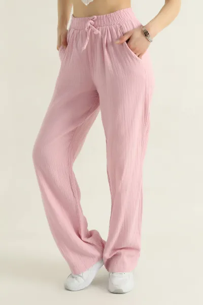 Pembe Müslin Keten Beli Lastikli Palazzo Kadın Pantolon 359563