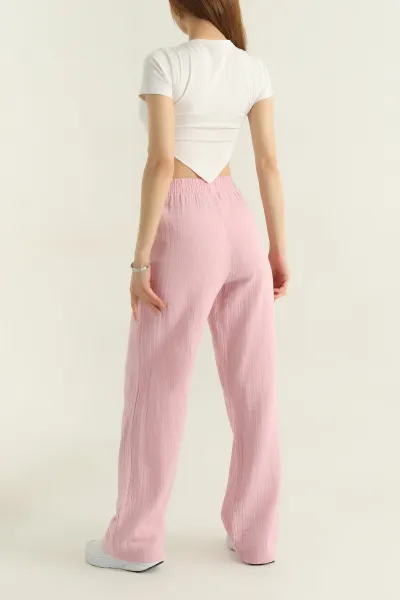 Pembe Müslin Keten Beli Lastikli Palazzo Kadın Pantolon 359563