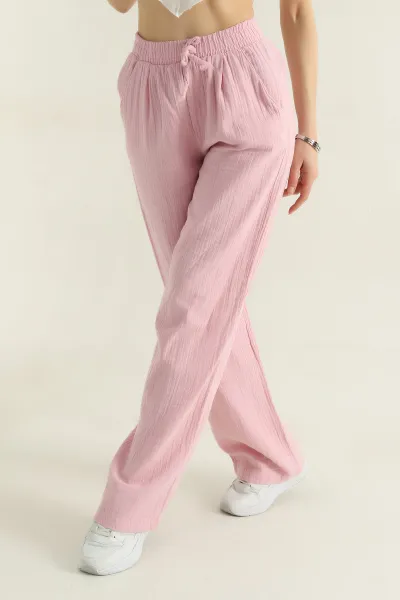 Pembe Müslin Keten Beli Lastikli Palazzo Kadın Pantolon 359563