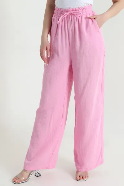 Pembe Müslin Keten Cep Detay Kadın Pantolon 454849