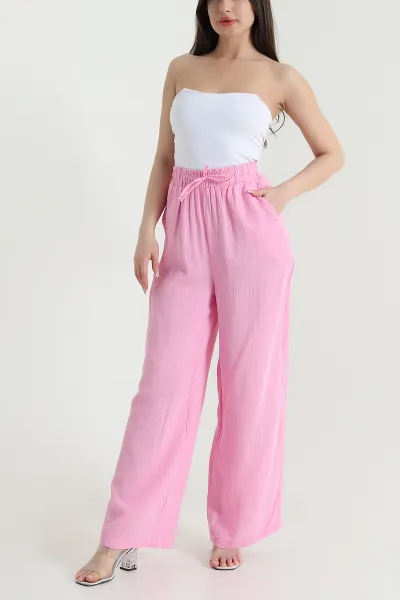 Pembe Müslin Keten Cep Detay Kadın Pantolon 454849