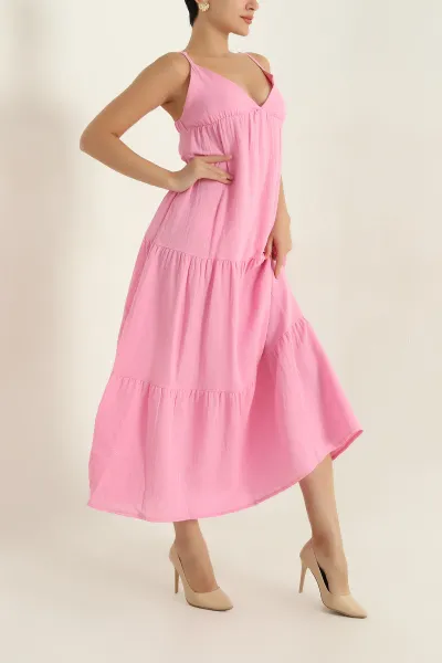 Pembe Müslin Keten İp Askılı Kadın Elbise 372438