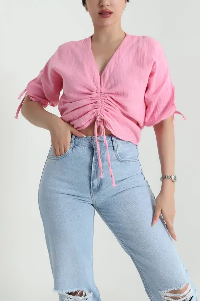 Pembe Müslin Keten Kadın Bluz 466756
