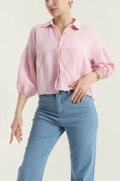 Pembe Müslin Keten Kadın Gömlek 432506