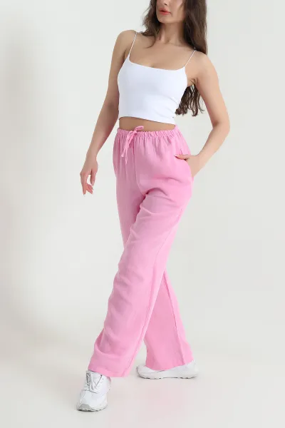 Pembe Müslin Keten Kadın Palazzo Pantolon 455946