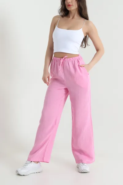 Pembe Müslin Keten Kadın Palazzo Pantolon 455946
