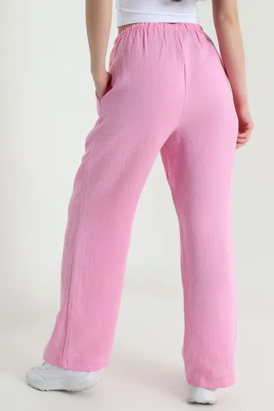 Pembe Müslin Keten Kadın Palazzo Pantolon 455946