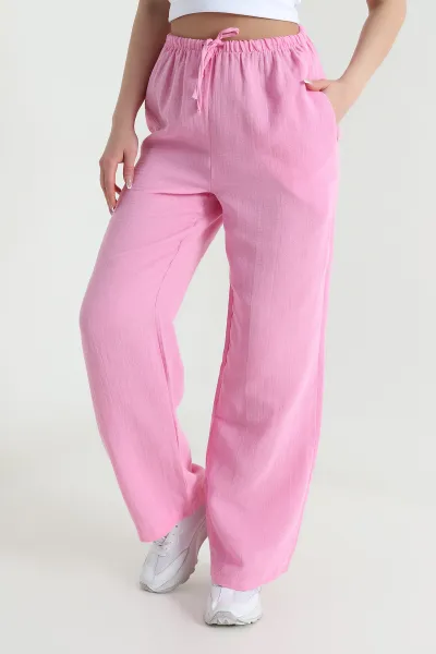 Pembe Müslin Keten Kadın Palazzo Pantolon 455946