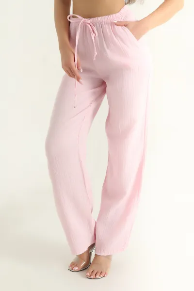 Pembe Müslin Keten Kadın Pantolon 377404