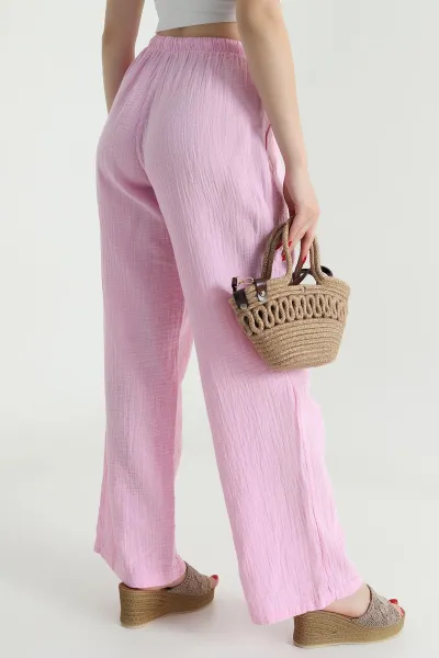 Pembe Müslin Keten Kadın Pantolon 467903