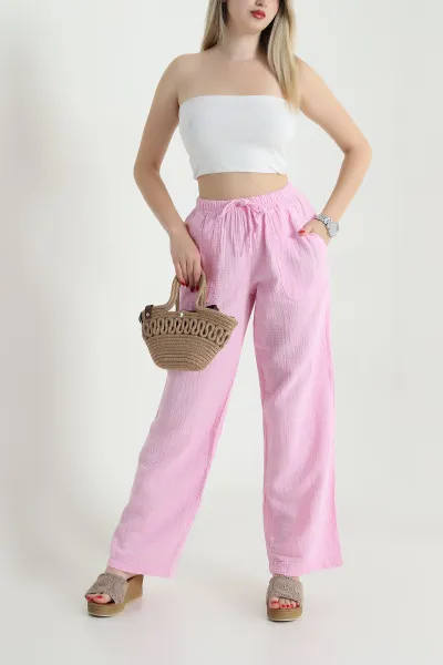 Pembe Müslin Keten Kadın Pantolon 467903