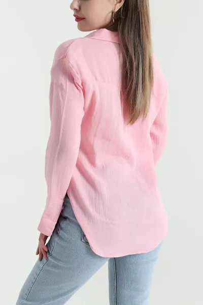 Pembe Müslin Keten Pileli Kadın Gömlek 444369