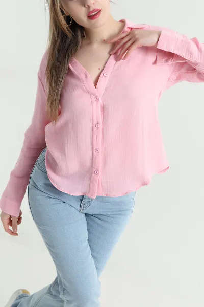 Pembe Müslin Keten Pileli Kadın Gömlek 444369