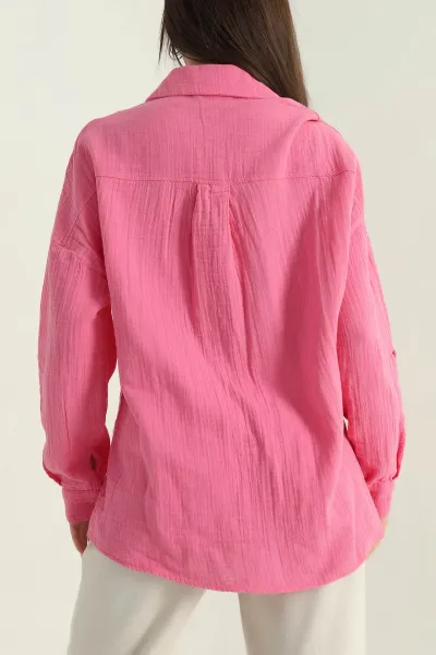 Pembe Müslin Keten Tek Cep Kadın Gömlek 350770