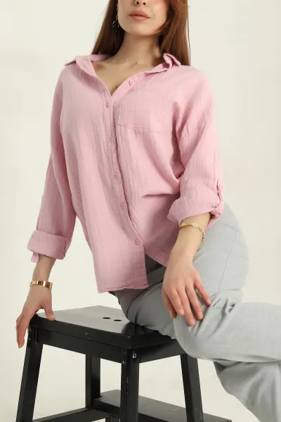 Pembe Müslin Keten Tek Cep Kadın Gömlek 362664