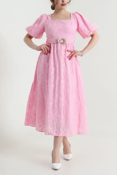Pembe Nakışlı Astarlı Fisto Kadın Elbise 457847