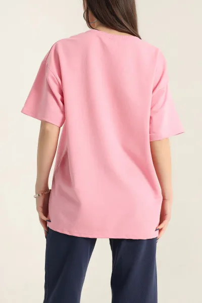 Pembe Nakışlı Bisiklet Yaka Oversize İki Bayan Tişört 337635