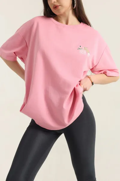 Pembe Nakışlı Bisiklet Yaka Oversize İki Bayan Tişört 337661