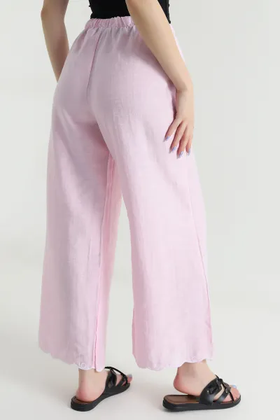 Pembe Nakışlı Bol Paça Tasarım Kadın Pantolon 475271