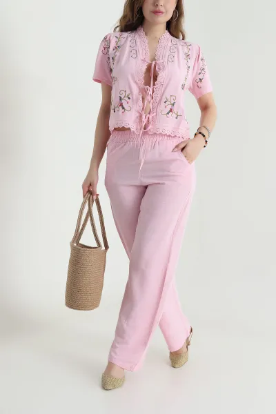 Pembe Nakışlı Dantelli Bağlamalı Keten Kadın İkili Takıım 473846