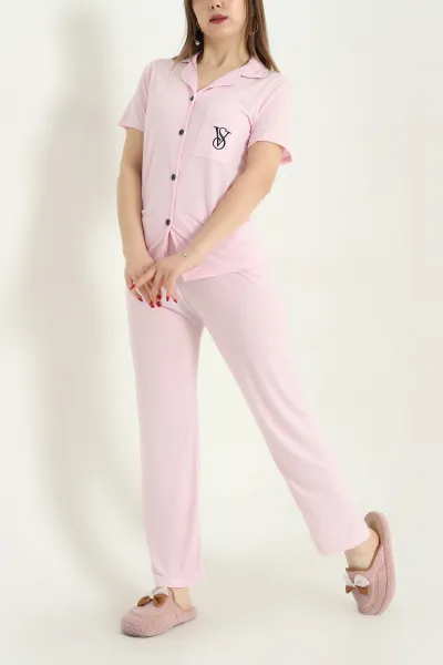 Pembe Nakışlı Düğmeli Viskon Pijama Takımı 338272