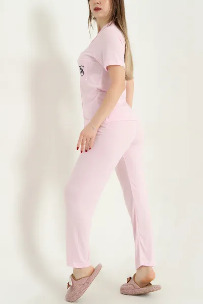 Pembe Nakışlı Düğmeli Viskon Pijama Takımı 338272