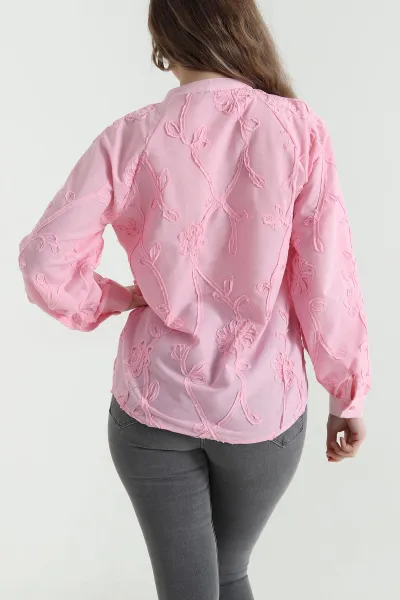 Pembe Nakışlı Hakim Yaka Poplin Kadın Gömlek 447823