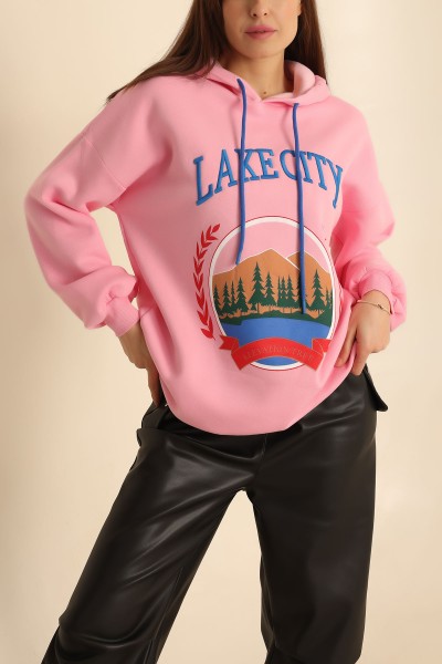 Pembe Nakışlı İçi Şardonlu Bayan Sweat 218426