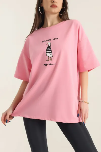 Pembe Nakışlı İki İp Bayan Tişört 337655