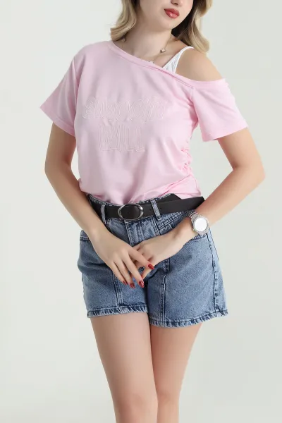 Pembe Nakışlı İki İp Kadın Bluz 464548