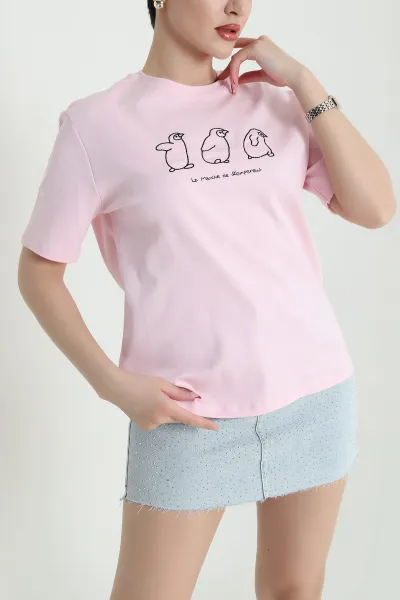 Pembe Nakışlı İnterlok Kadın Tişört 440221