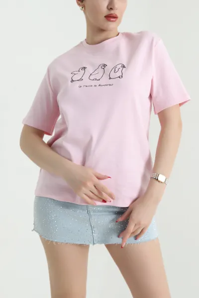 Pembe Nakışlı İnterlok Kadın Tişört 440221