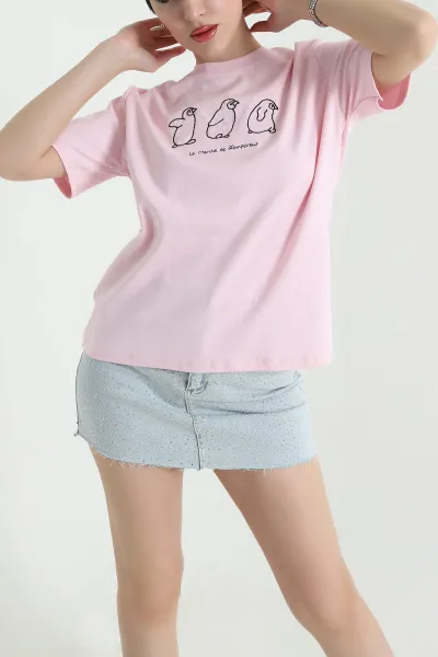 Pembe Nakışlı İnterlok Kadın Tişört 440221