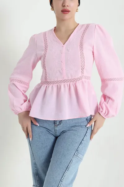 Pembe Nakışlı Keten Kadın Bluz 457302
