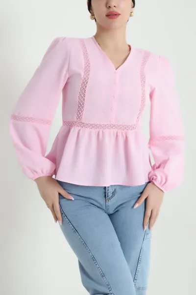 Pembe Nakışlı Keten Kadın Bluz 457302