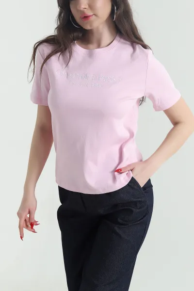 Pembe Nakışlı Kompak Kadın Tişört 442855