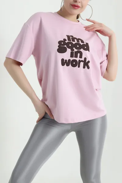 Pembe Nakışlı Modal Kadın Tişört 438262